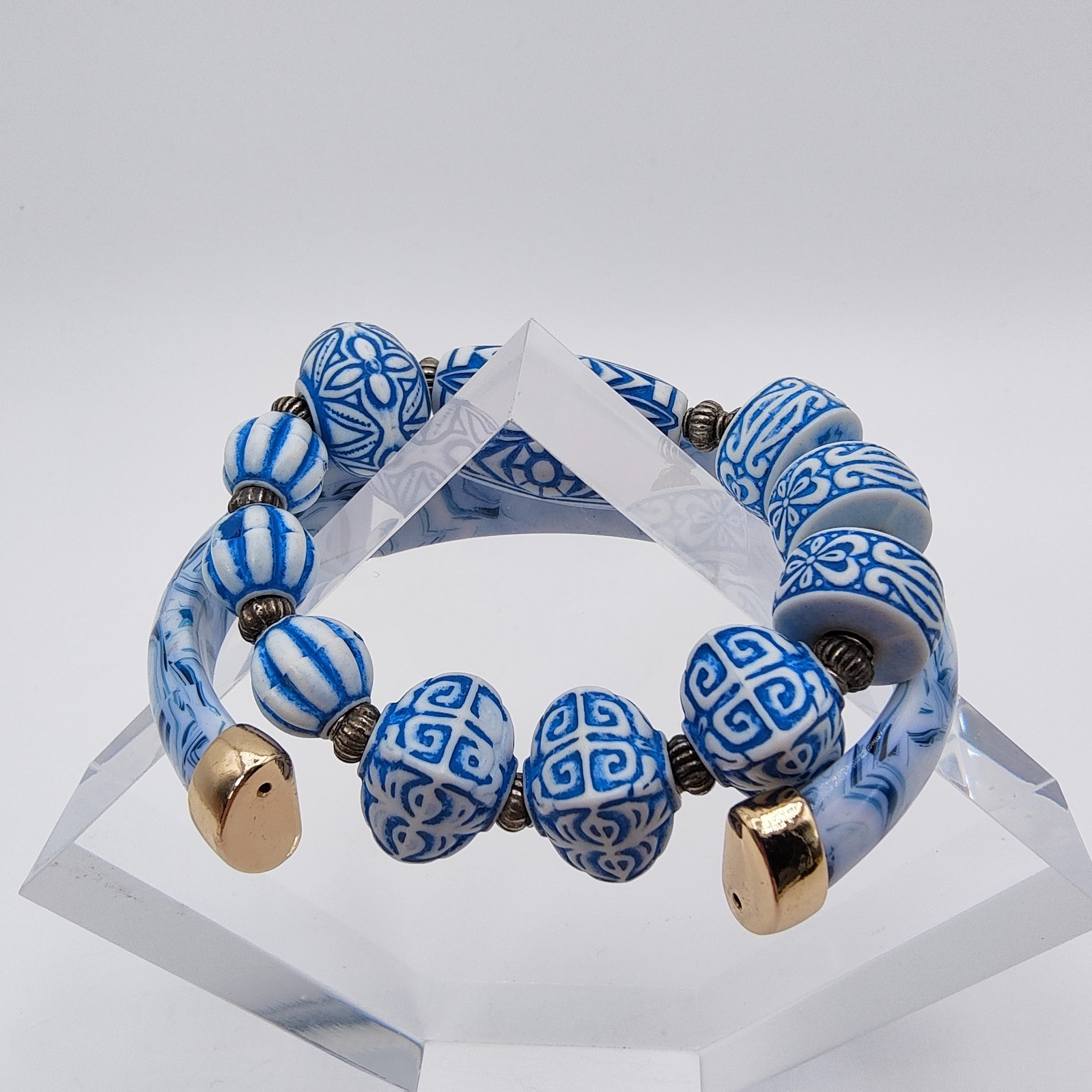 Modern Chinoiserie Style Cuff & Strech Bracelet Lot of 2 Blue White Stackable