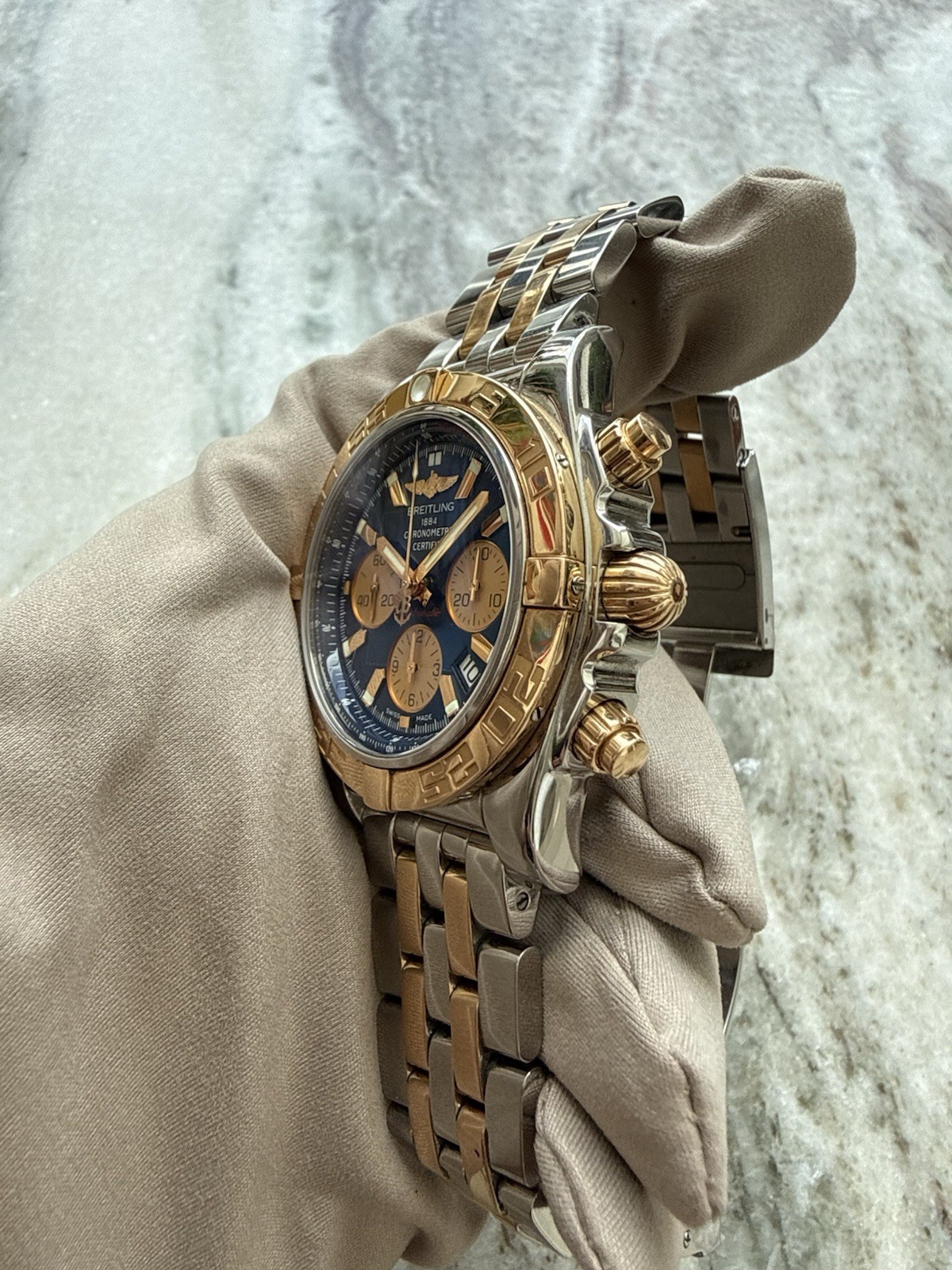Breitling Chronomat 44 Blue Dial Chronograph CB0110 18K/Stainless Steel Watch
