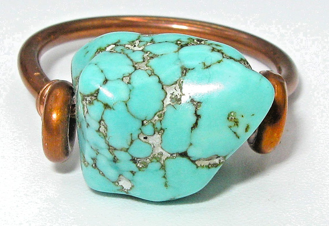 Rustic Handcrafted Copper Ring Simulated Turquoise Howlite Size 9.5 in Boho