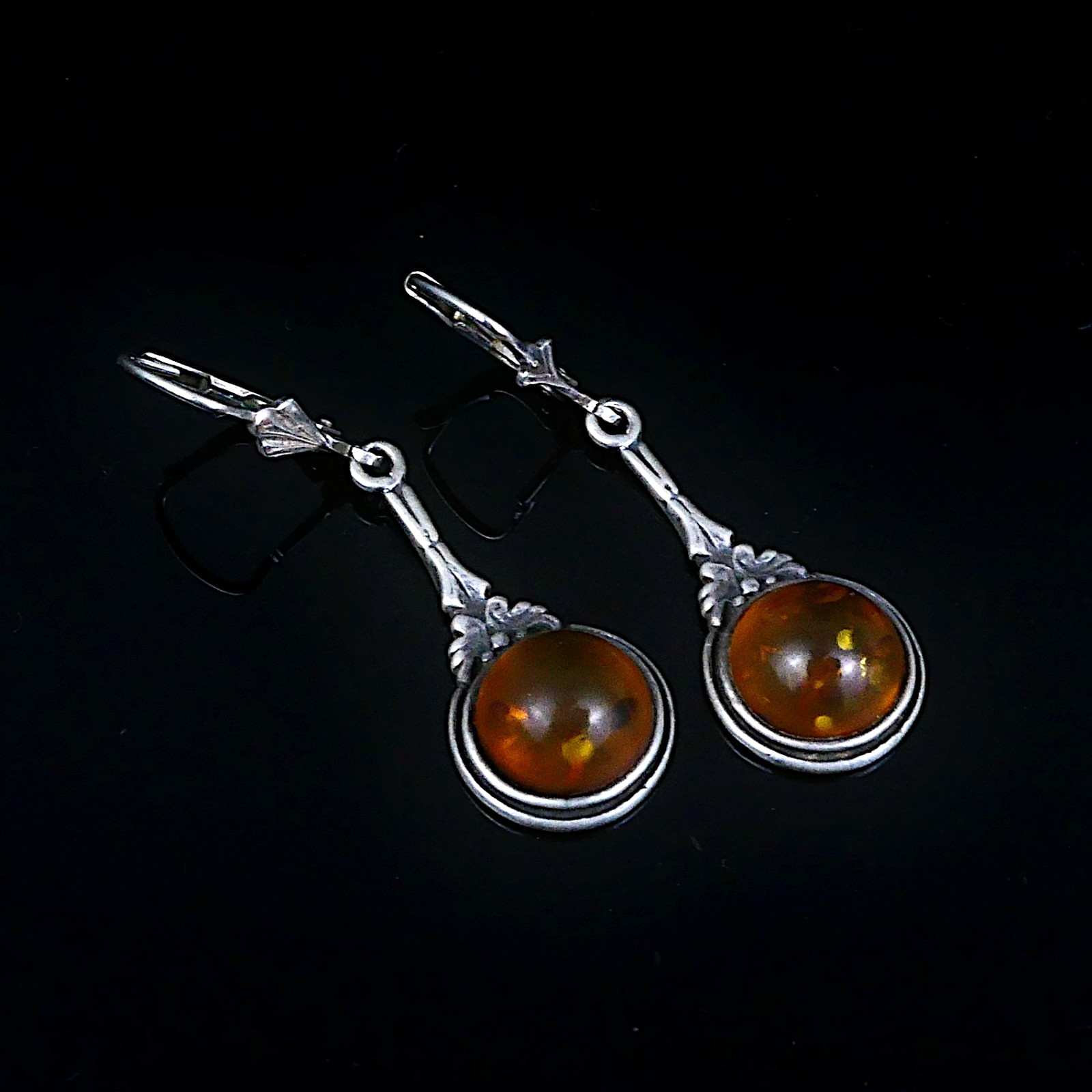 Baltic Amber 835s Silver Drop Earrings Vintage Round Long Floral