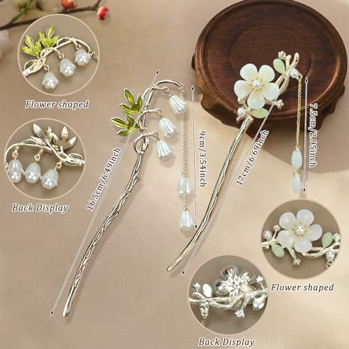 2Packs Lily of the Valley Chinese Hair Sticks for Buns, Pearl Flower white