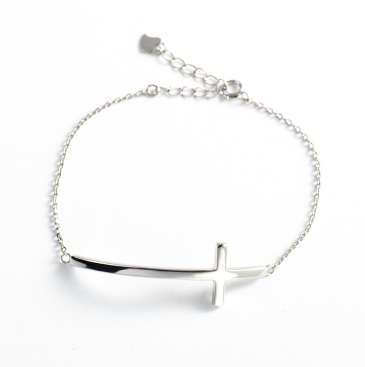 S925 Sterling Silver Concise Sideways Cross Bent Bracelet 7.5inch Women Gift PE3