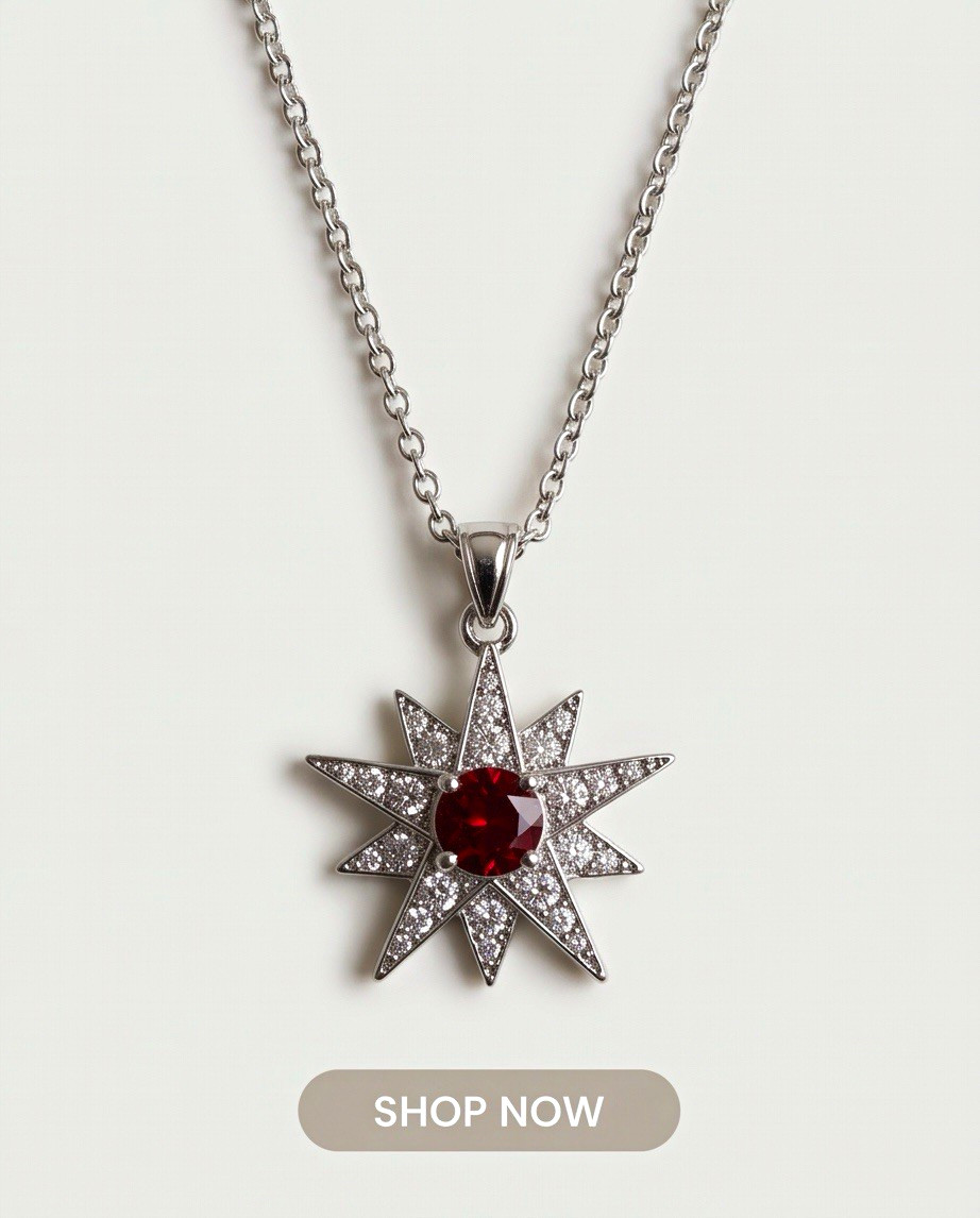 18K White Gold Plated Starburst Necklace w/ Red Crystal