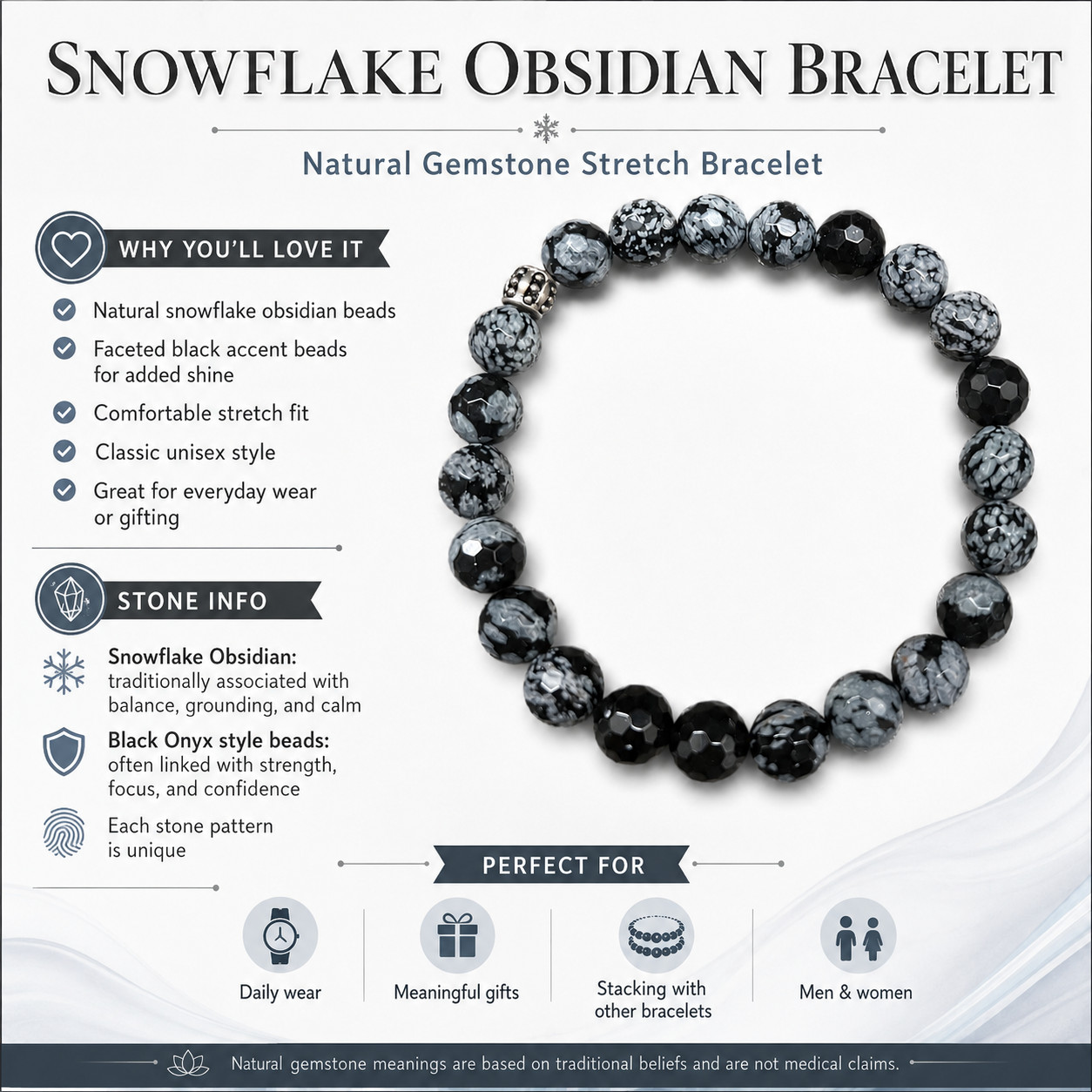 SkyFoxy Snowflake Obsidian 8mm Beaded Stretch Bracelet 7.5 9 in