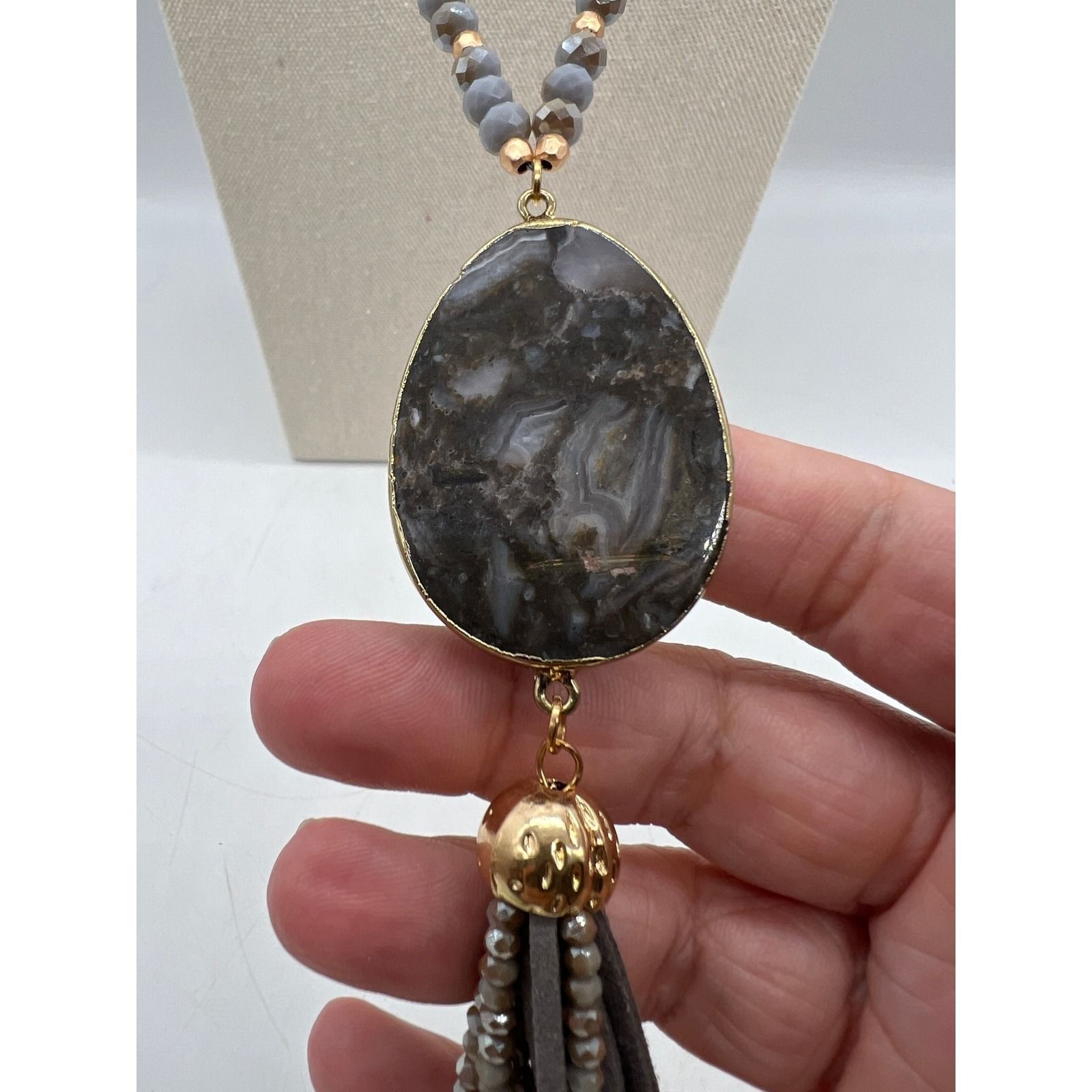 Gray Agate Slice Tassel Pendant Necklace Boho Statement Long Beaded Gray Stone