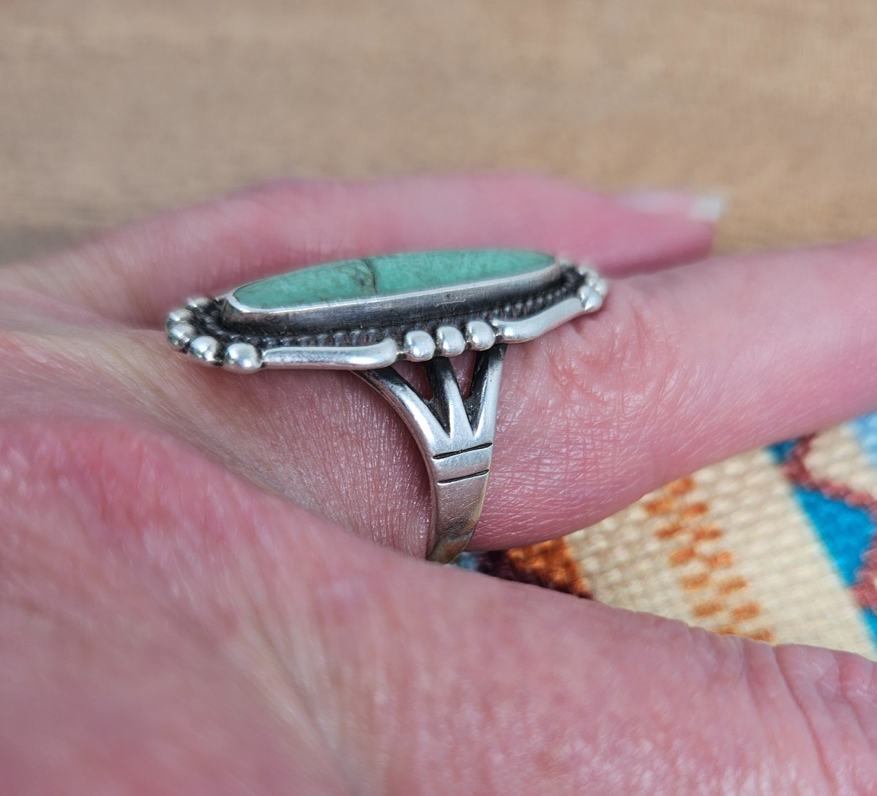 Bell Trading Post Navajo Sterling Silver Variscite Bead Twist Ring Size 7.5 Band