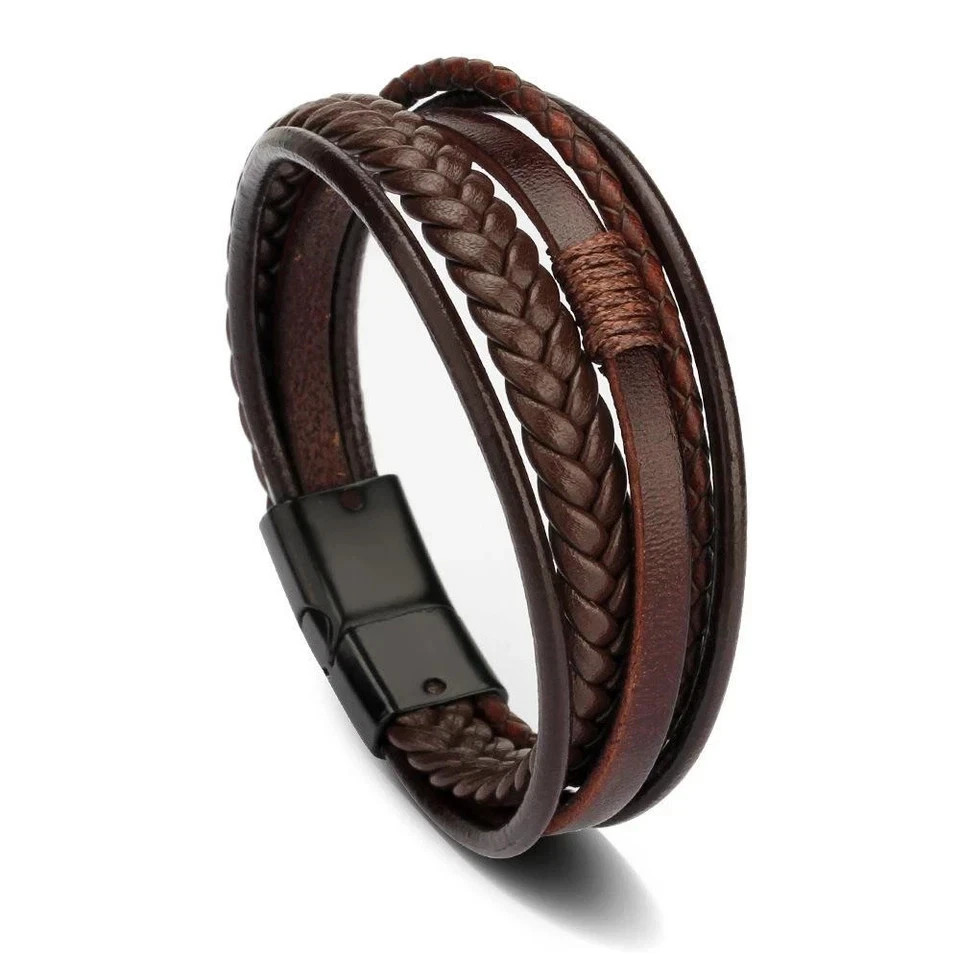Men’s Leather Bracelet 21CM Multilayer Braided Rope Stainless Steel Jewelry Gift
