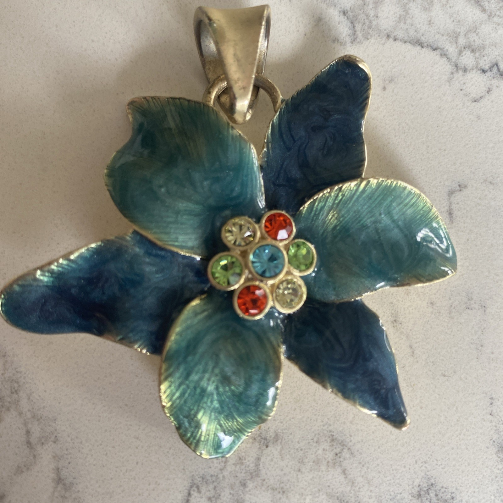 Vtg Enamel Flower Pendant – Blue Green – Gold Tone Back 7 multi color crystals