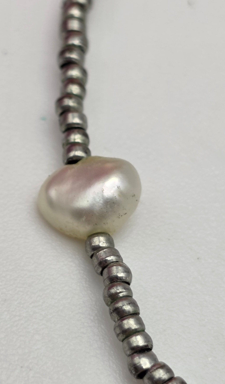 White Natural Baroque Pearl Station Necklace Silver Tone Seed Beads 15 In Vtg.