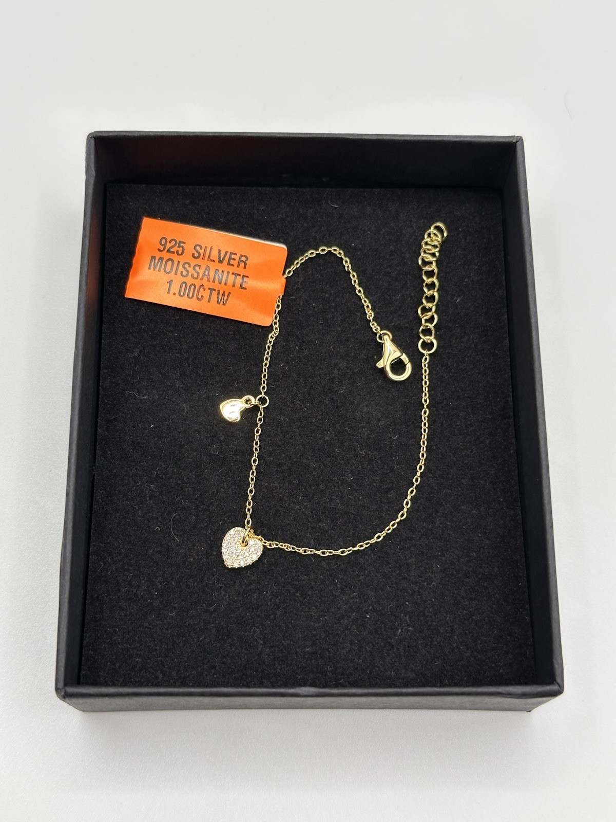 18K gold-plated 925 silver 1ct moissanite heart/pavé bracelet NEW 6.5-7.5”