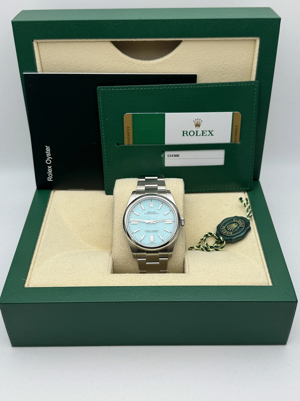 Rolex Oyster Perpetual 114300 39mm Custom Turquoise Dial Box Papers 124300 Style