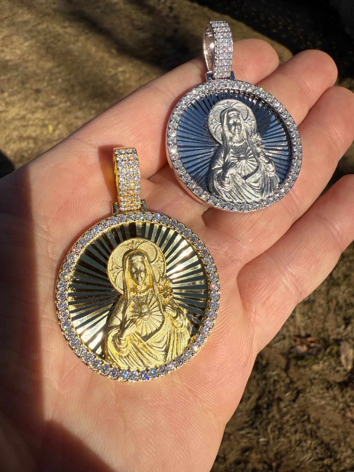 MOISSANITE Virgin Mary Round Medallion Pendant Real 925 Silver / Gold Necklace