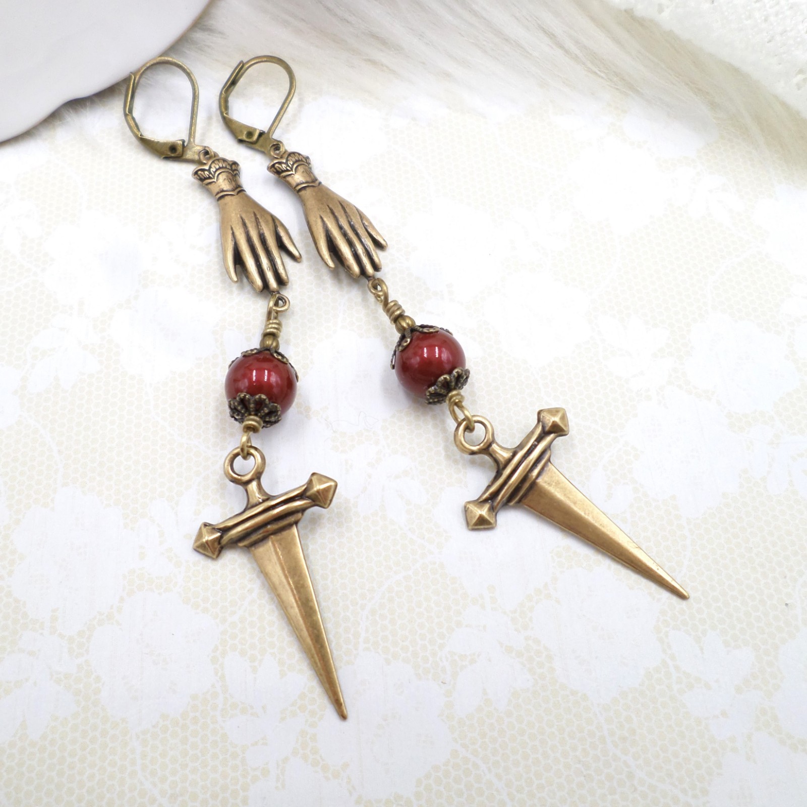 Brass Gothic Dagger Earrings, Red Pearl & Victorian Hand Oddities Jewelry