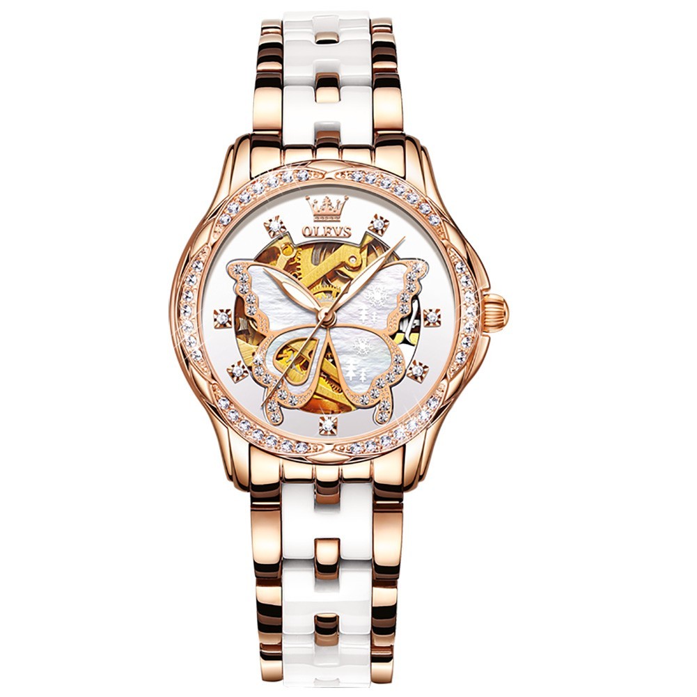 OLEVS 6622 Leather Ceramic Hollow Out Women Dress Mechanical Automatic Watch