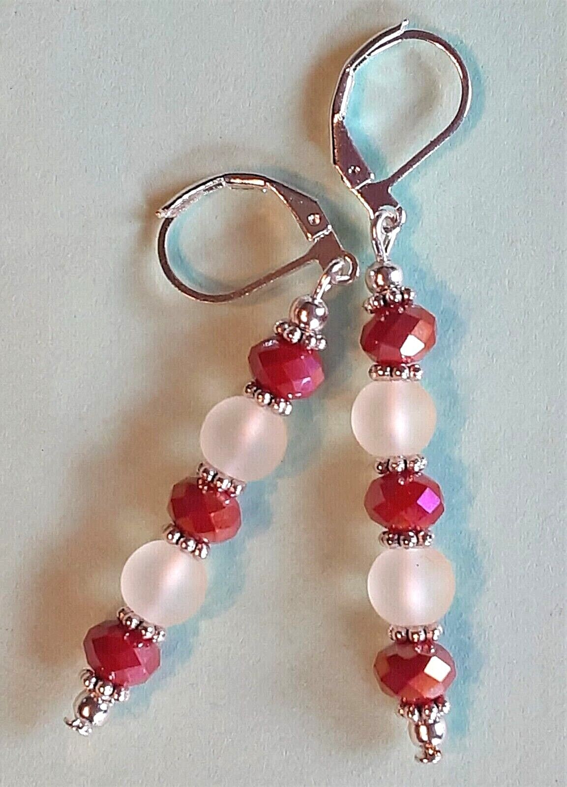 FACETED & FROSTED red and white drop earring SP LEVERBACK HANDCRAFTED #300-15