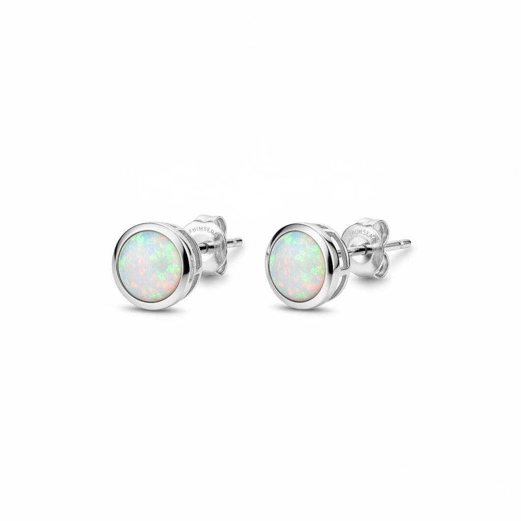 Natural Fire Opal Earrings with Bezel Setting, Round Opal Stud Earrings 5mm