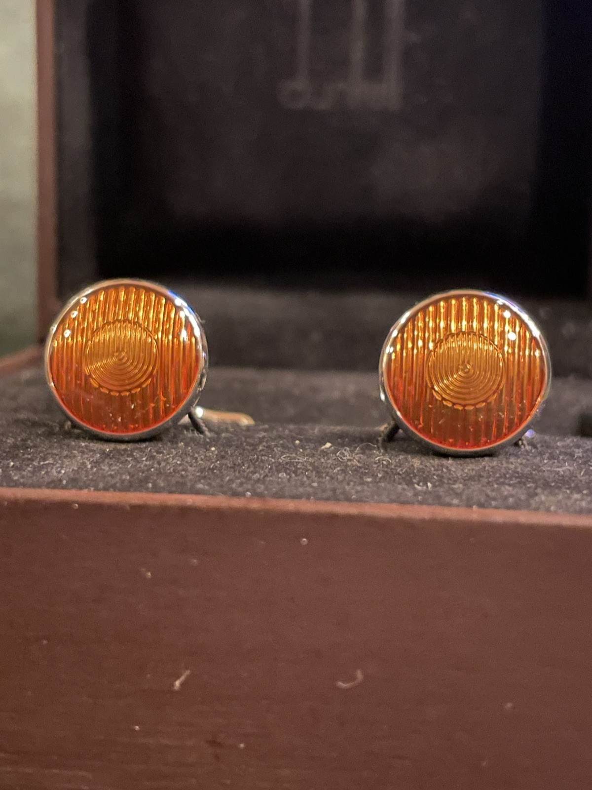 DUNHILL Sterling Silver / Steel Roadster Headlights Amber Cufflinks