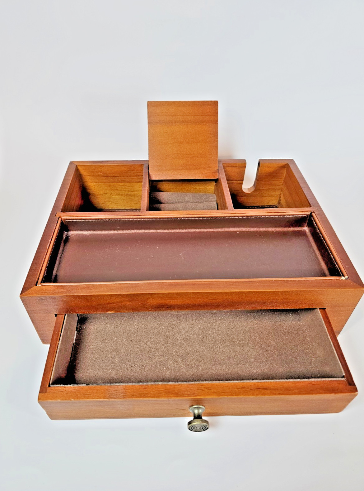 Wooden Valet Tray Dresser Organizer Box Drawer Faux Leather Ring Rolls Charge
