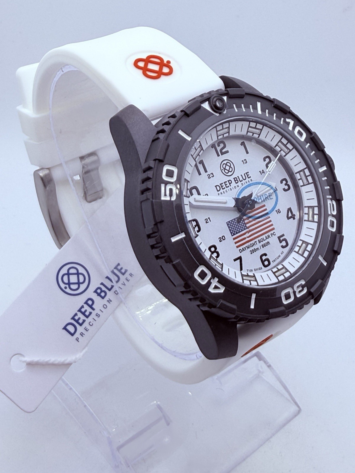 Deep Blue DAYNIGHT 43MM DIVER SOLAR POWERED PC WHITE DIAL USA🇺🇸3 COLOR TUBES‼️