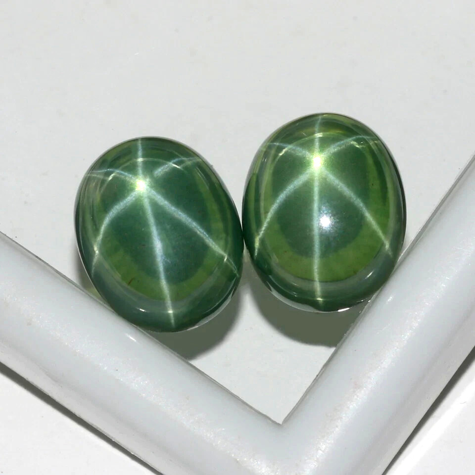 Natural Genuine 6 Rays Green Star Sapphire 17.70 Ct. Oval Shape Loose Gems Pair