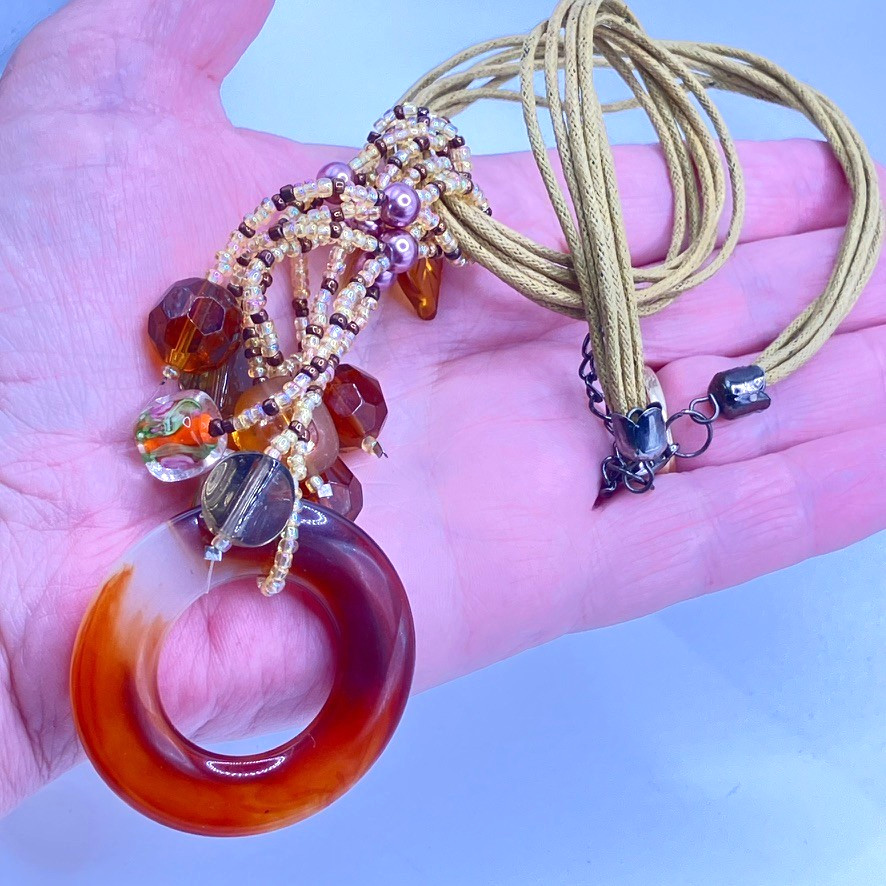 Glass dangle pendant necklace 46cm adjustable multi strand cord Boho vintage