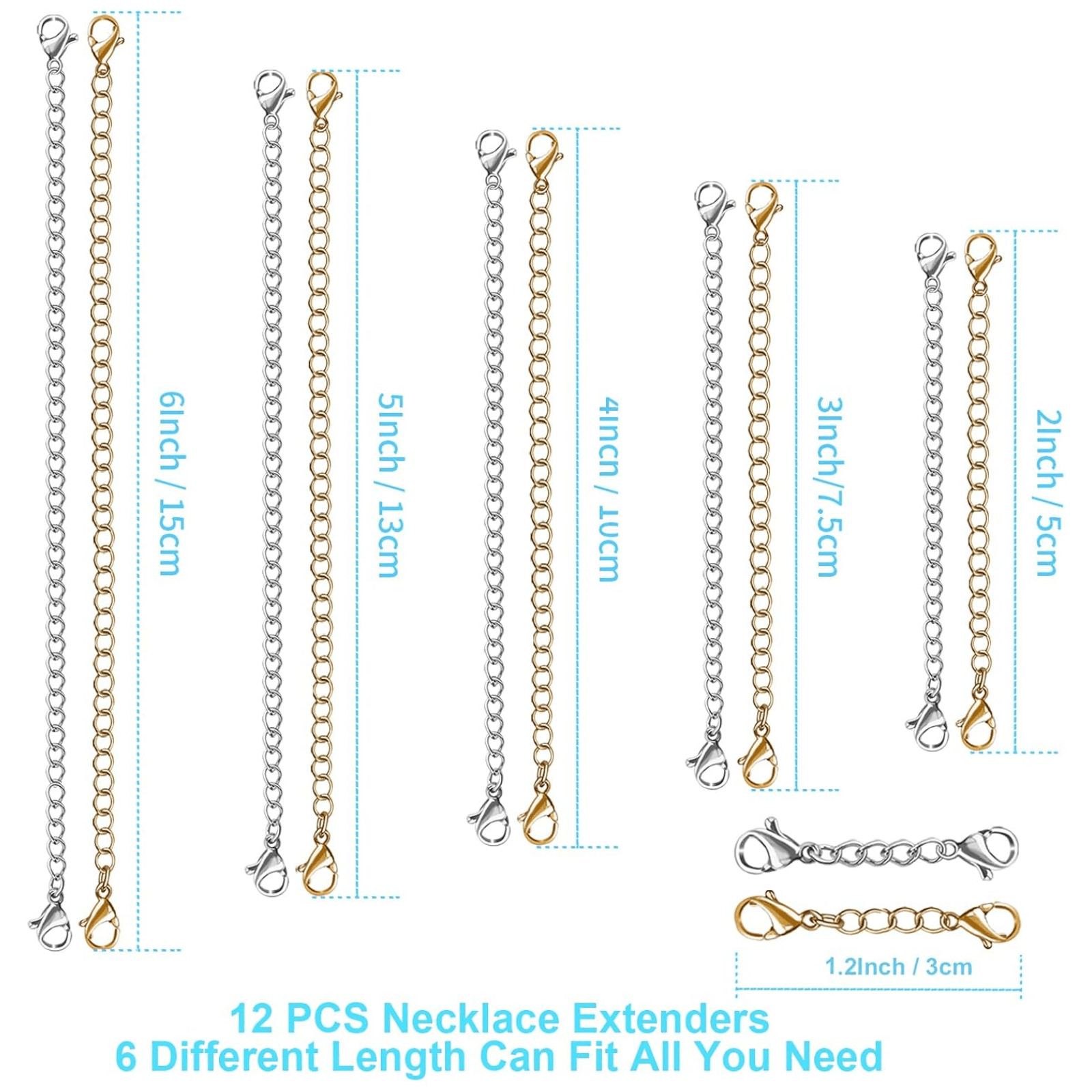 12 PCS Necklace Extenders – Stainless Steel Necklace Extension Chain for Jewelry