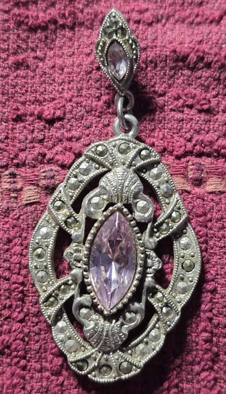 Vtg Art Deco Marcasite & Amethyst Tone Gorgeous Pierced Dangle 2.25″ Earrings