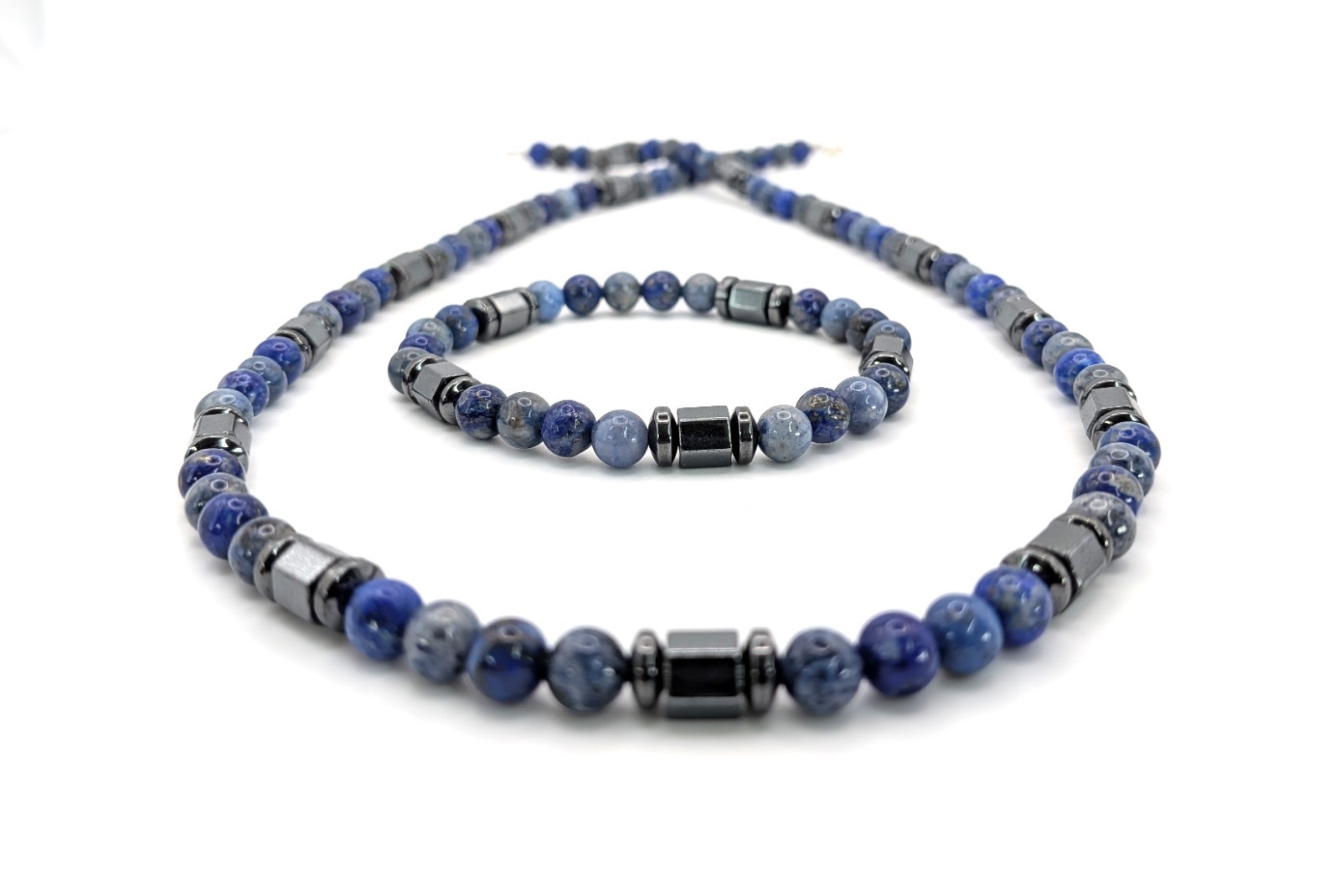 24″ Lapis Lazuli, Dumortierite, and Hematite Beaded Necklace and Bracelet Men’s