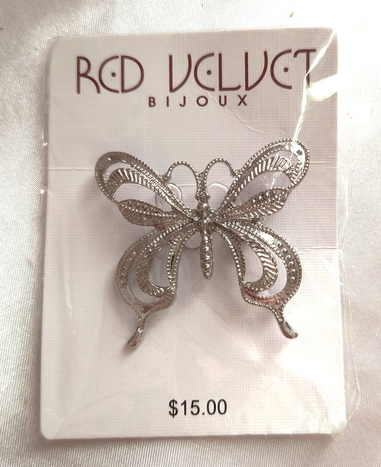NEW Red Velt by Bijoux Women’s Jewelry Brooch Silvertone Butterfly 1.25″ x 1.25″