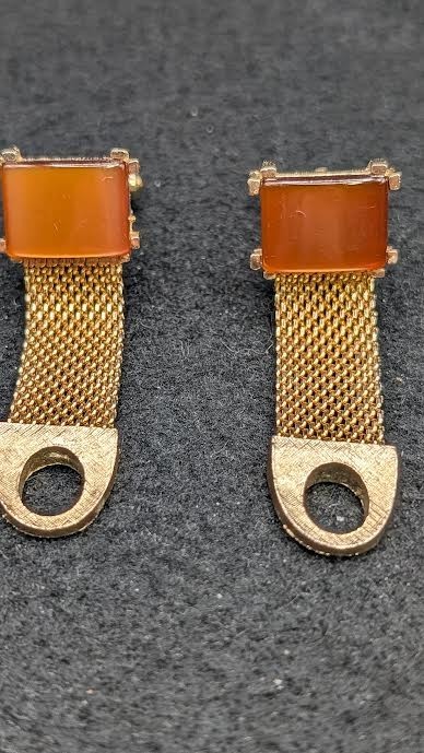 Vintage Mesh Chain Gold tone Modernist Square Clear Brown Stone Cuff Links
