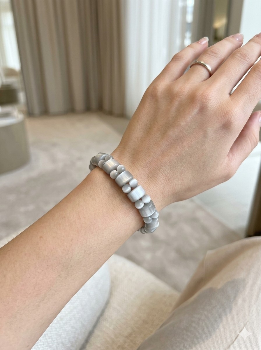Gray White Stone Beaded Stretch Bracelet, Round Ball Bead, No Clasp