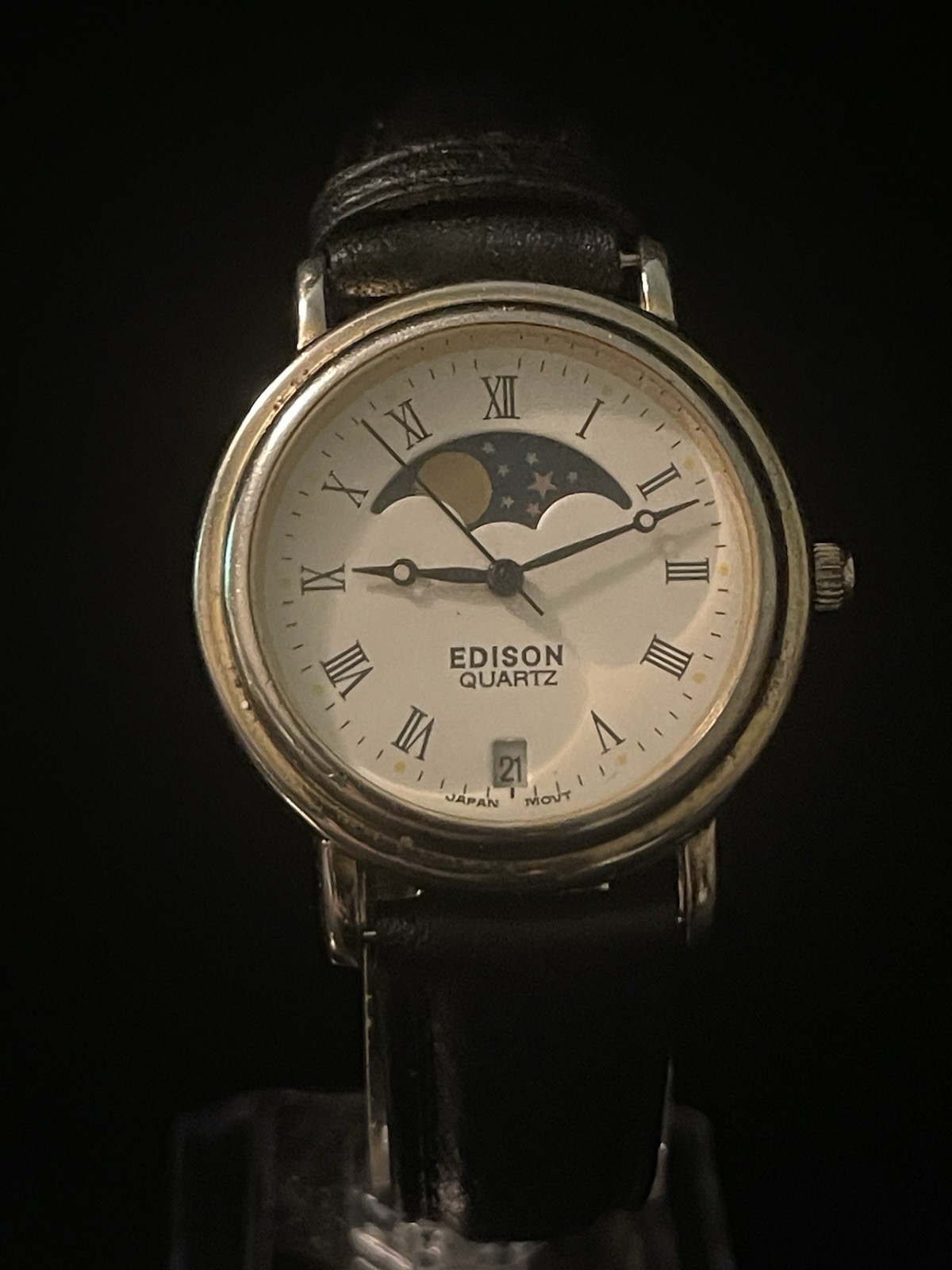 Vintage Edison Quartz Moon Phase Date Dress Watch Roman Dial Japan Movement Runs