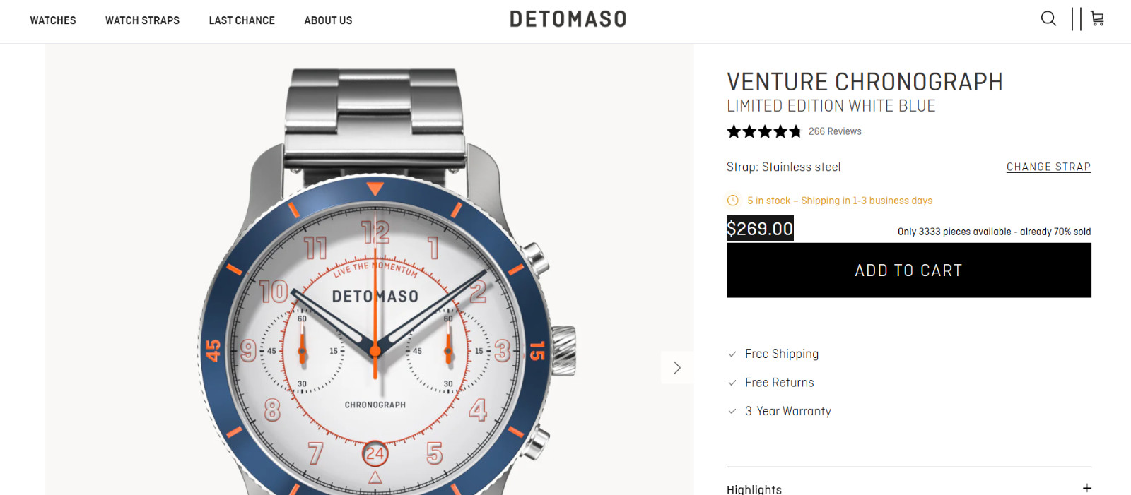 DETOMASO VENTURE CHRONOGRAPHLIMITED EDITION WHITE BLUE 42 mm MSRP $269 🔥New🔥