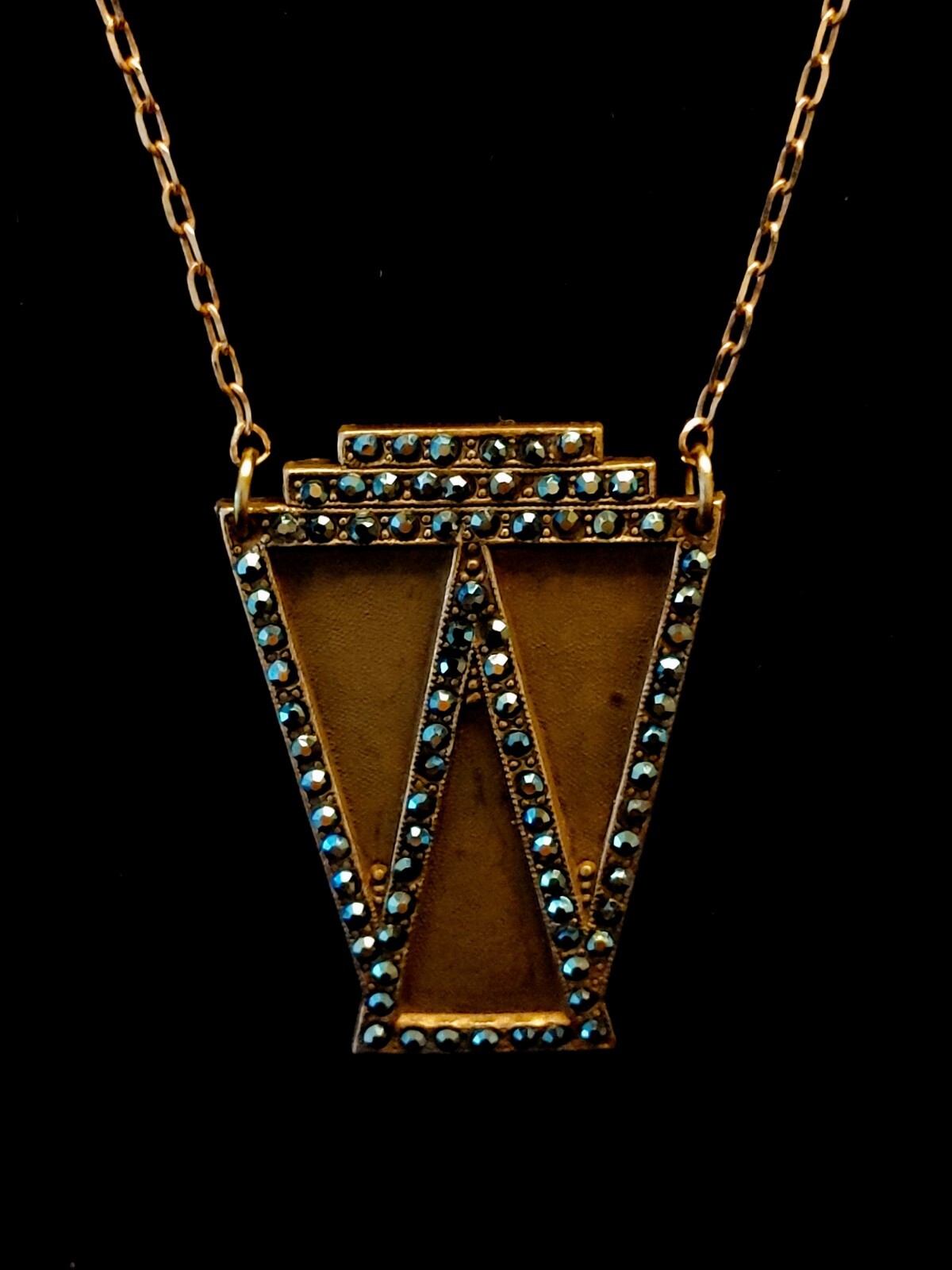 Vintage 1930s Art Deco Rhinestone Die Struck Pendant Necklace Authentic
