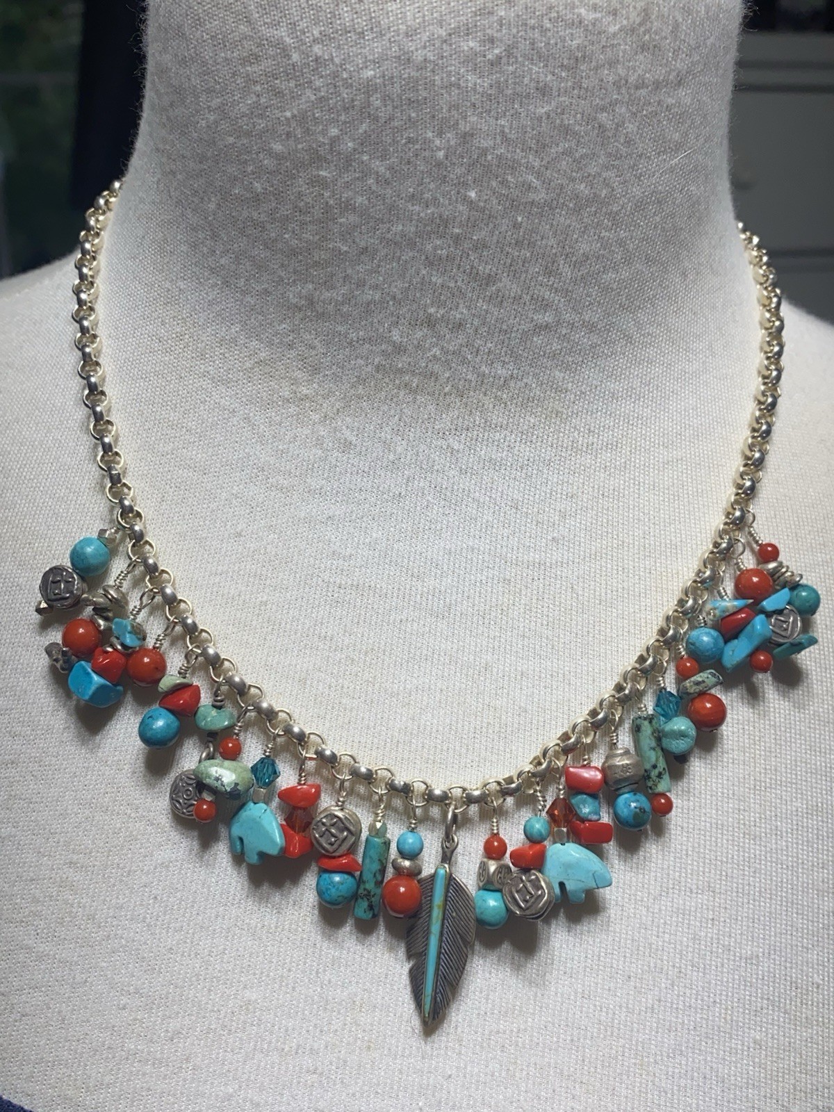 VINTAGE SOUTHWEST TURQUOISE & RED CORAL STERLING SILVER FEATHER CHARM NECKLACE