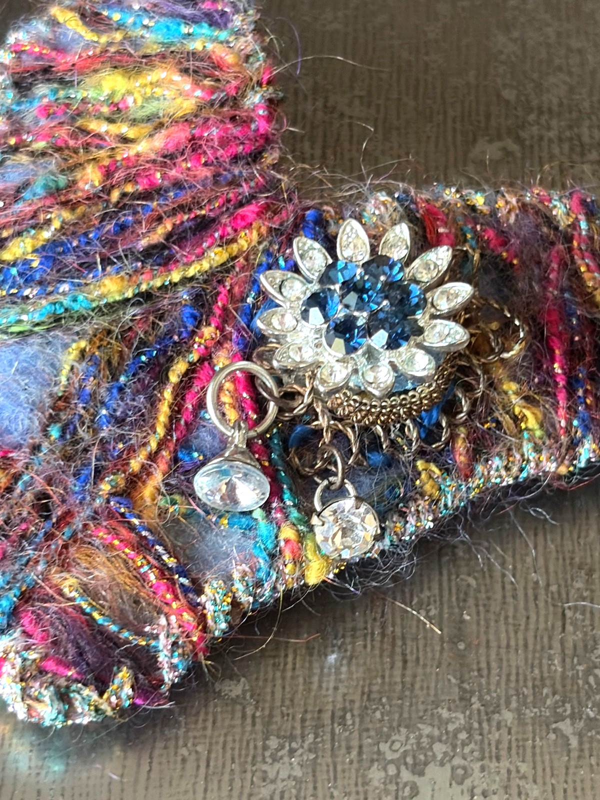 Vintage Handmade Fur Yarn HEART Pin Brooch Flower Rhinestone 3D Red Blue 3.75″