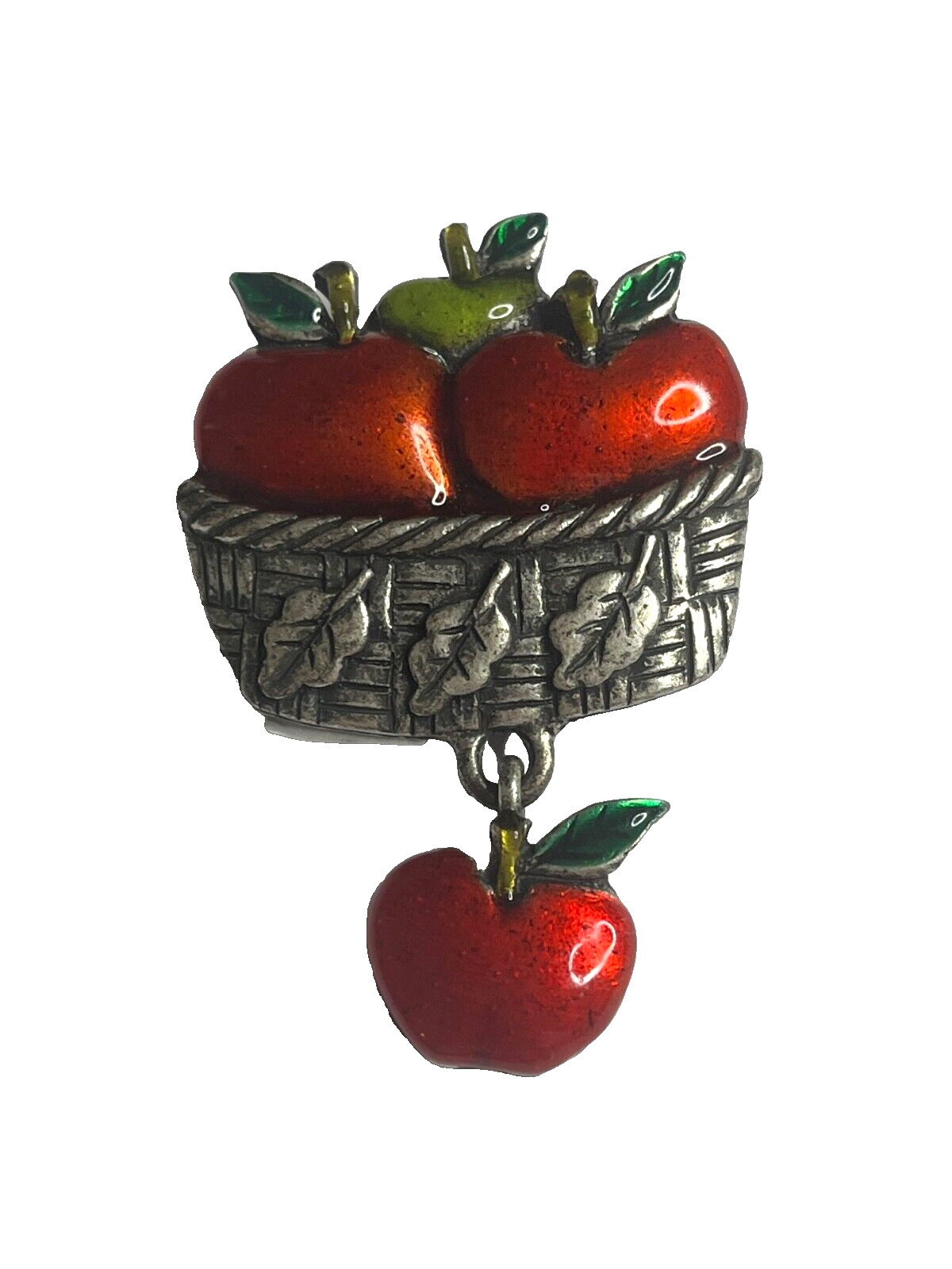 AJMC Vintage Pewter Brooch Pin Enamel Red Green Apple Basket Teacher Charm