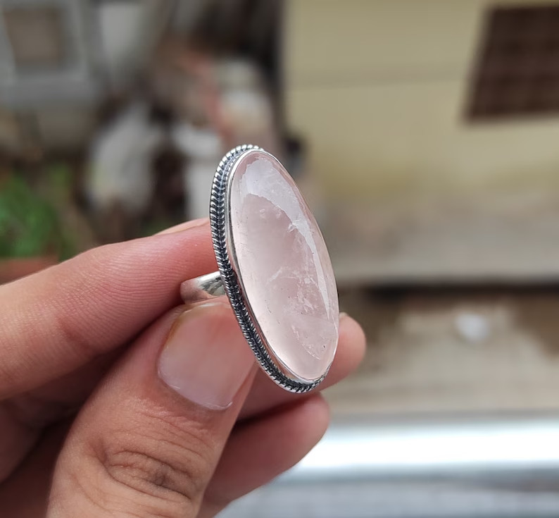 Rose Quartz Ring 925 Sterling Silver Band& Statement Handmade Ring All Size