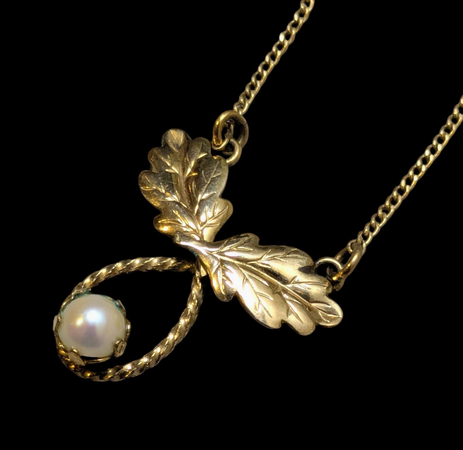 Vintage 12K GF Gold Filled Pearl Leaf Art Deco Choker Necklace 14″ Dainty