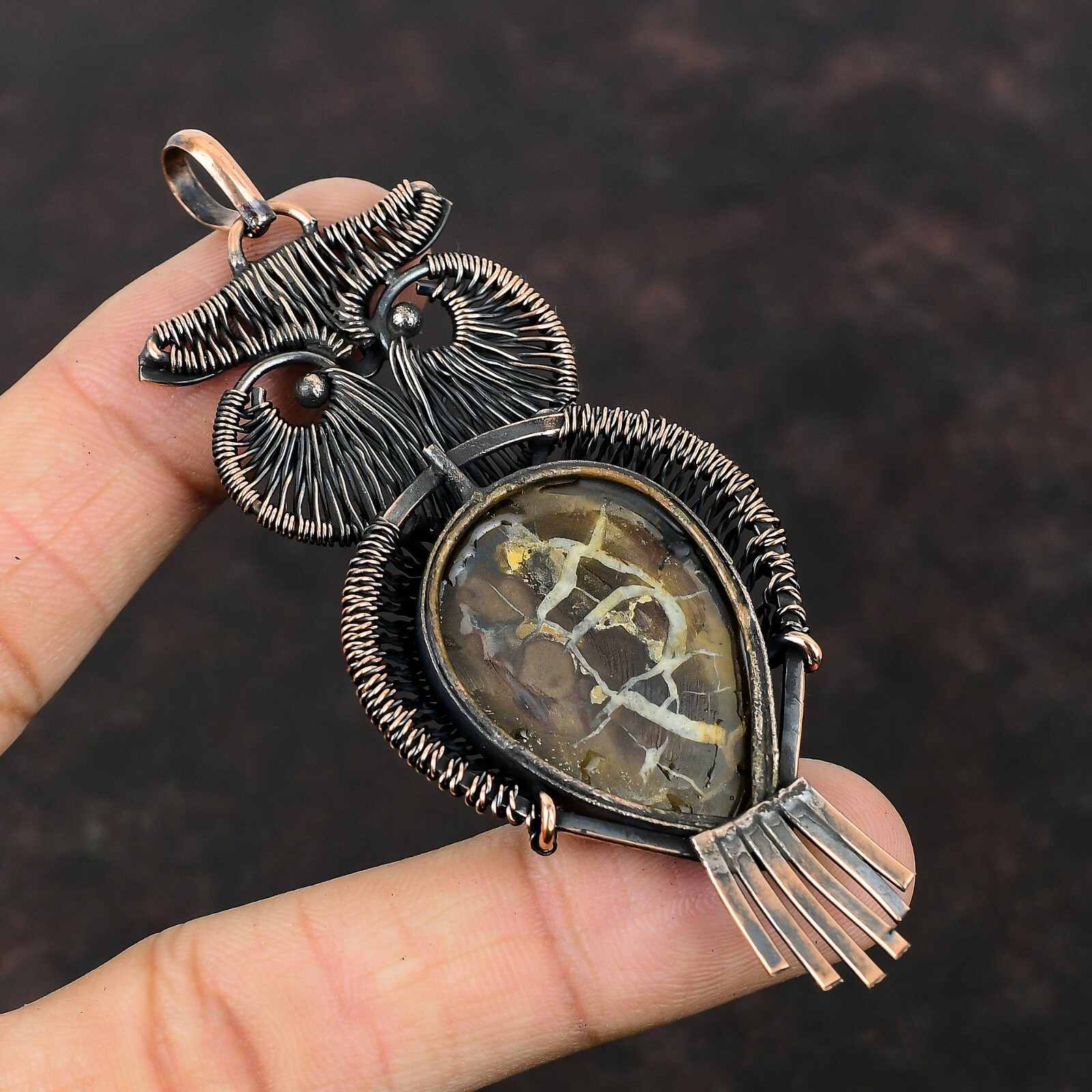 Moroccan Mud Crack Fossil Copper Mother Gift Wire Wrapped Owl Pendant 3.62″