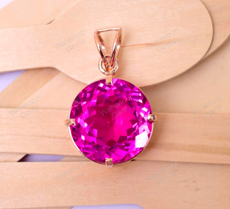 925 Sterling Silver Mogok Pendant HOT Pink Ruby Round 24.00 mm With CERTIFICATE