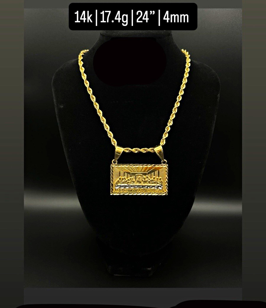 14K Yellow Gold Rope Chain Necklace 24in 4mm Religious Rectangle Pendant