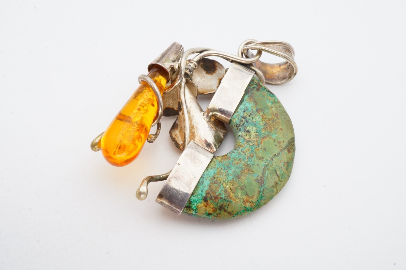 Vintage Sterling Silver 925 Amber Turquoise Pendant
