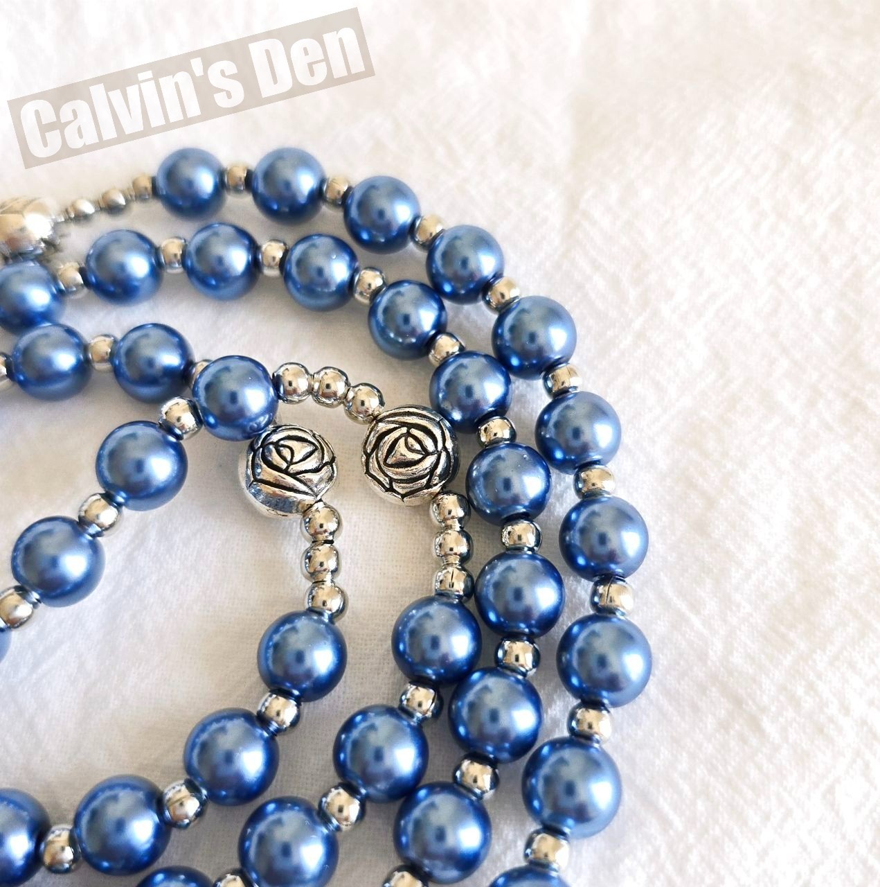 Blue Pearl Bead Rosary Necklace Miraculous Medal Rosebud Crucifix Cross Gift