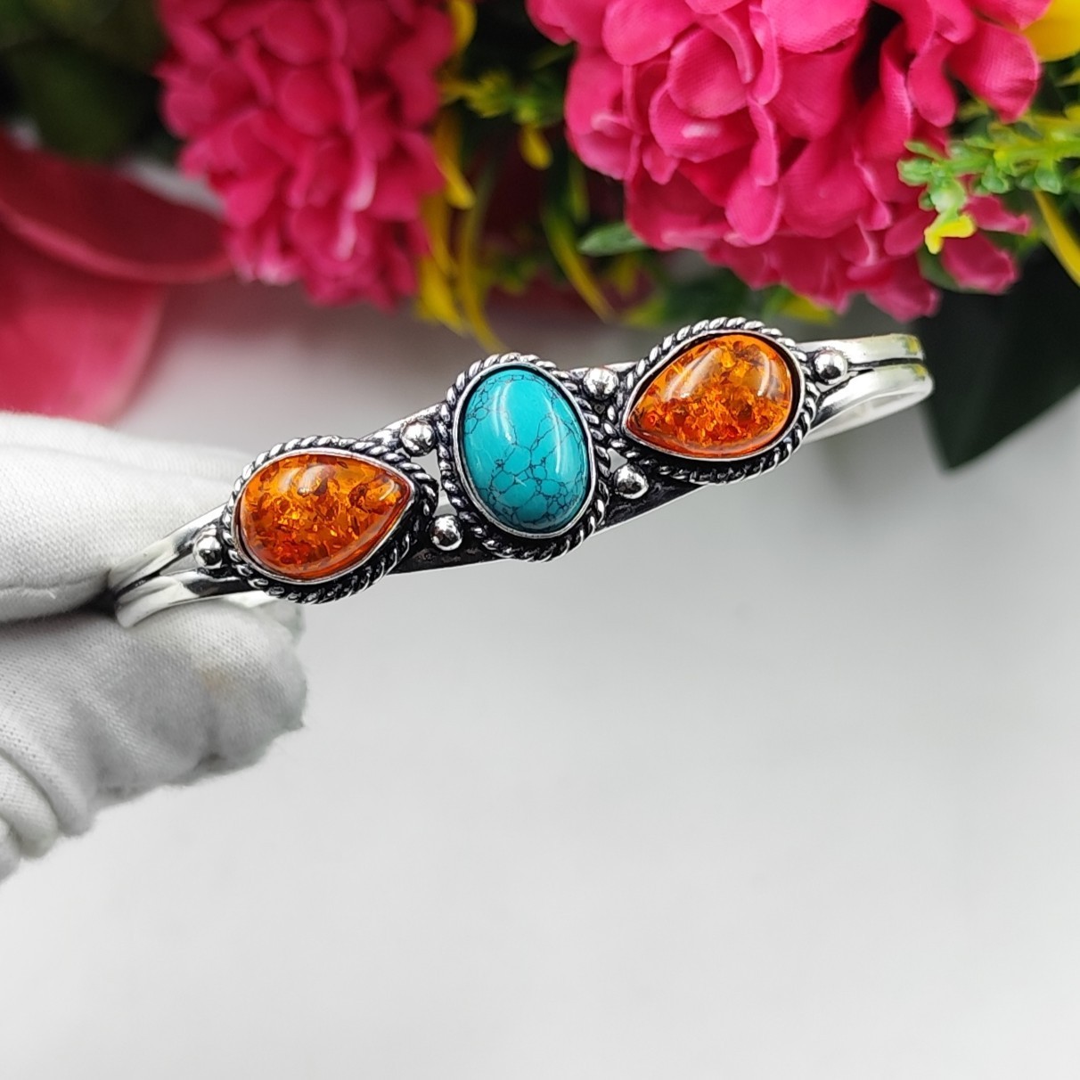 Amber&Turquoise Gemstone 925 Sterling Silver Jewelry Cuff Bracelet Adjustable”
