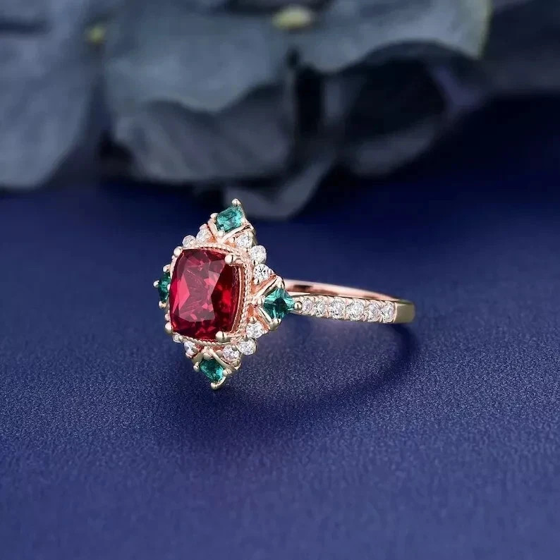 3.10 Ct Cushion Cut Natural Red Ruby & Diamond Wedding Ring 14K Yellow Gold