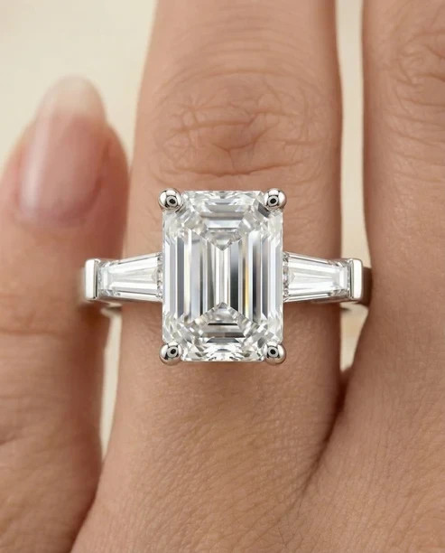 IGI 2.70Ct Emerald Cut Lab Grown Diamond Three Stone Wedding Ring 14K White Gold