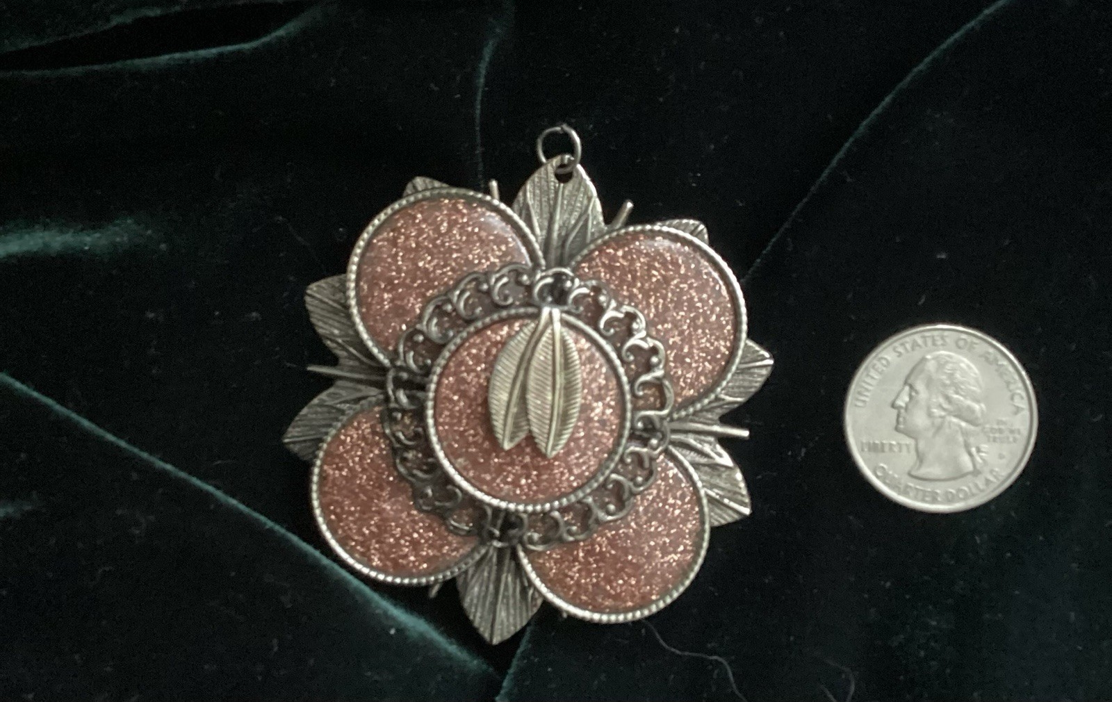 Unusual 1940s Delicate Bold Metal Flower Pendant w/ Agate Sparkles Russet Color
