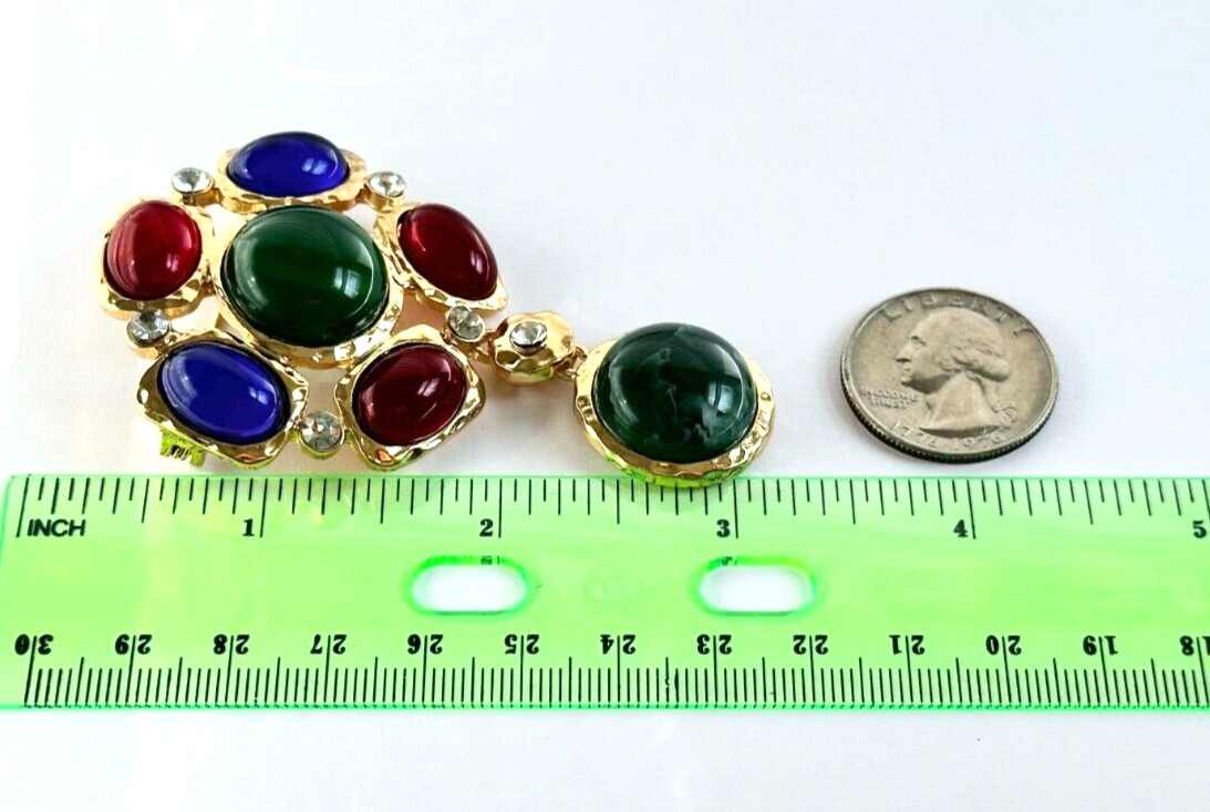 Gold Tone & Multicolor Cabochon Acrylic & Crystal Rhinestones Brooch