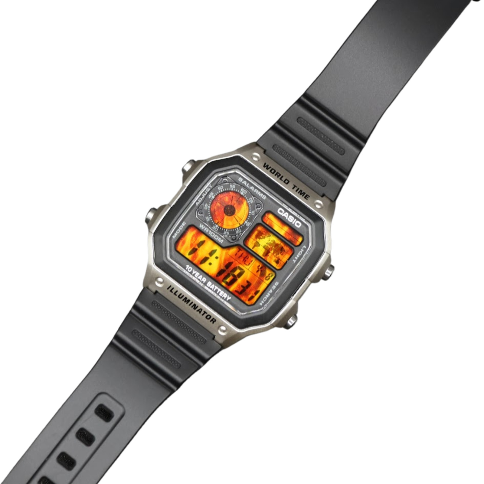 CASIO AE-1200WHD Royale World Time Watch Mod Flames Display